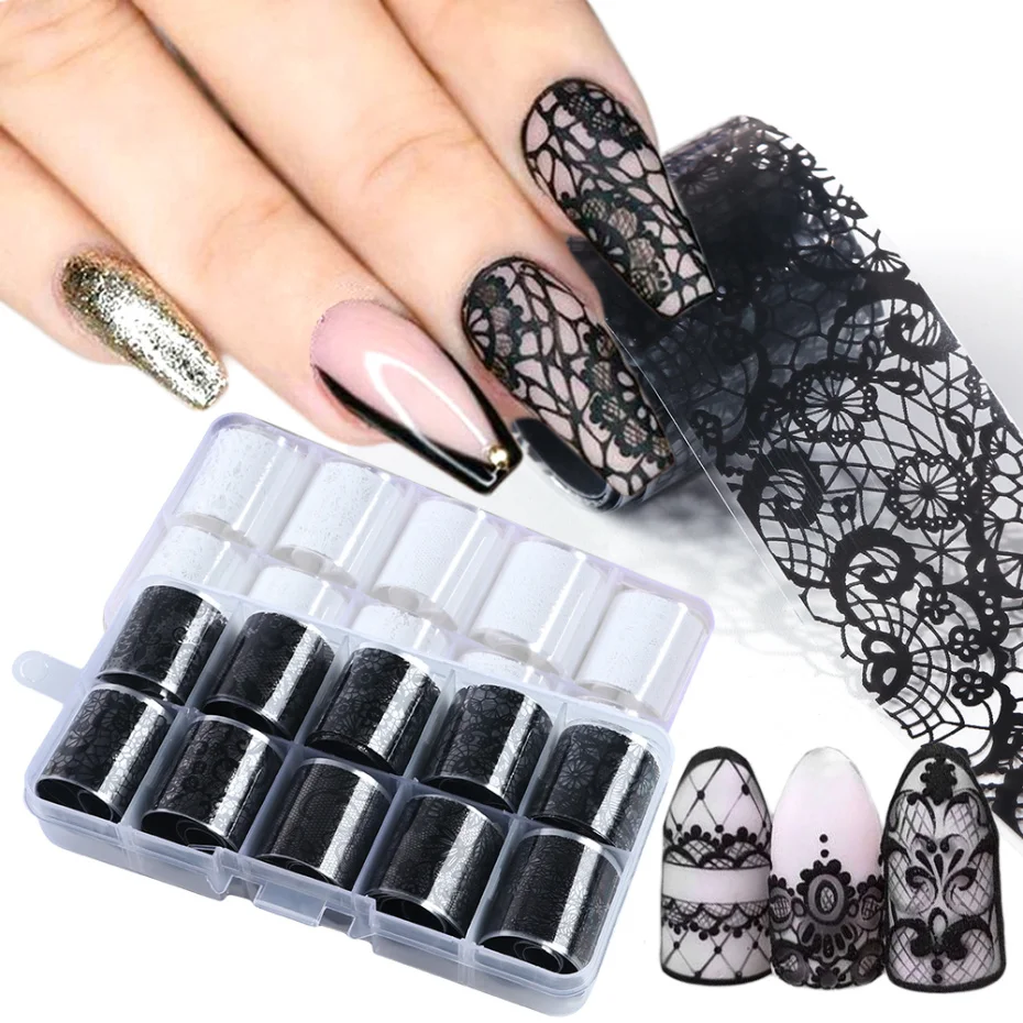 10 Roll/1Box Nail Art new Transfer Foil Sticker Set Black White Lace Flower Adhesive Starry Paper Manicure Gel Wraps Decals
