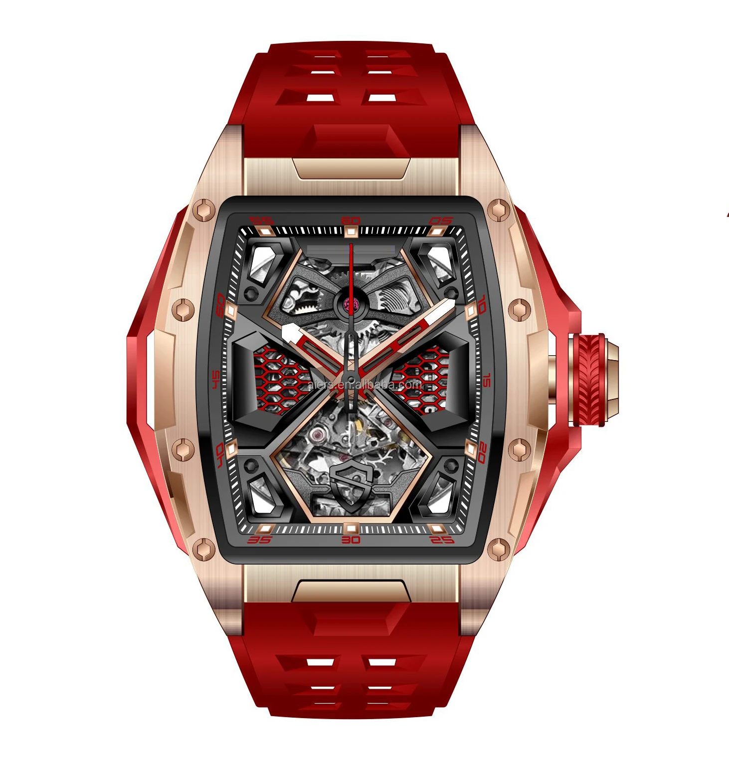 2023 hot selling red stainless steel tonneau men watch with Miyota 8215 automatic movt mechanical watch for male Aiers factory