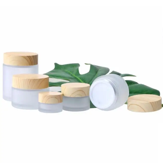 Cream Bottles Round Cosmetic Jars Hand Face Packing Bottles Jars 5g 10g 15g 30g 50g 100g Cream Frosted Glass with Wood Grain