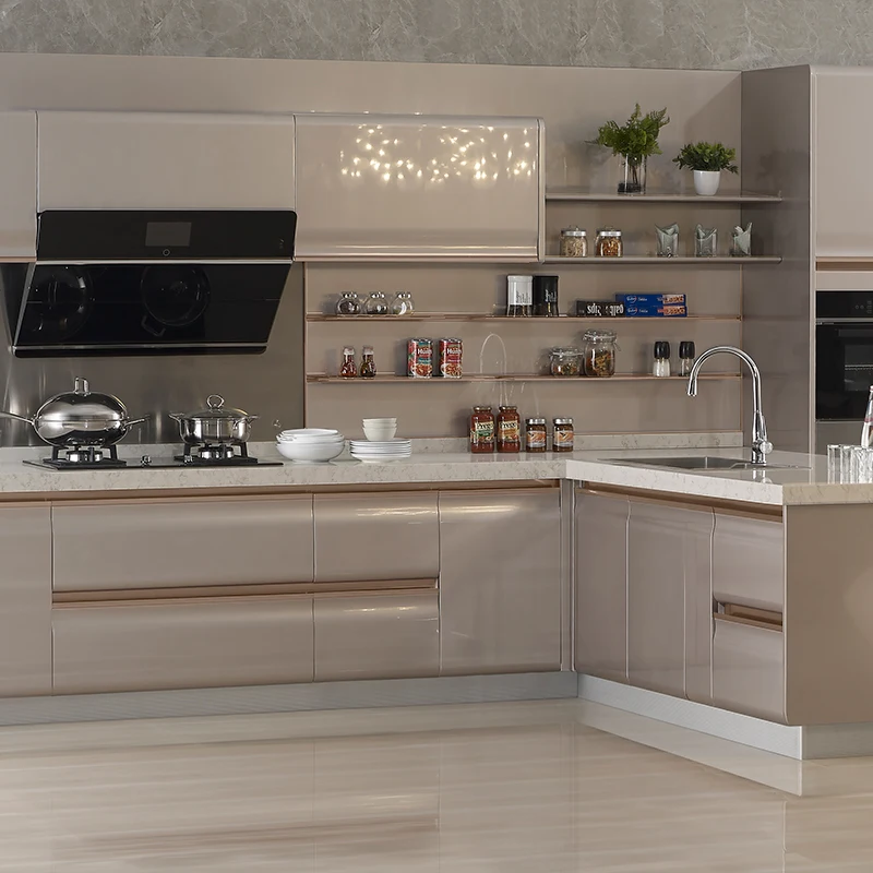Baking paint furniture beige lacquer painting kitchen cabinets wooden cupboard lacquer kitchen cabinet large capacity storage