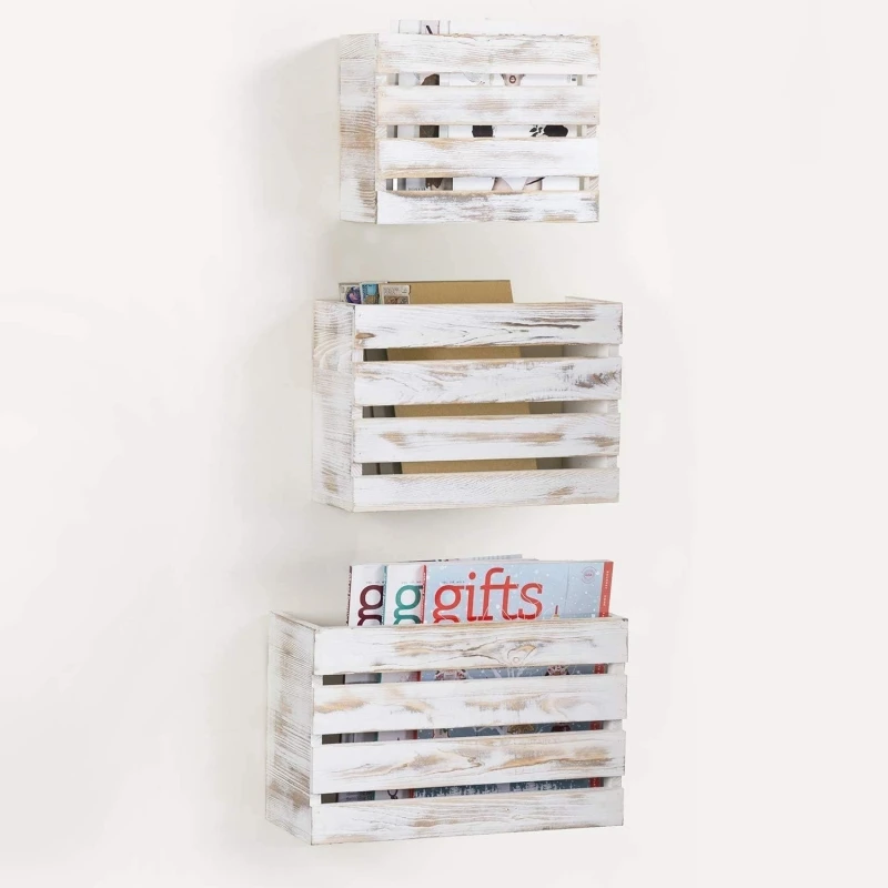 White Washed Hanging Magazine Rack Letter Holder Display Storage Organizer Wall Mounted Wooden Shelf
