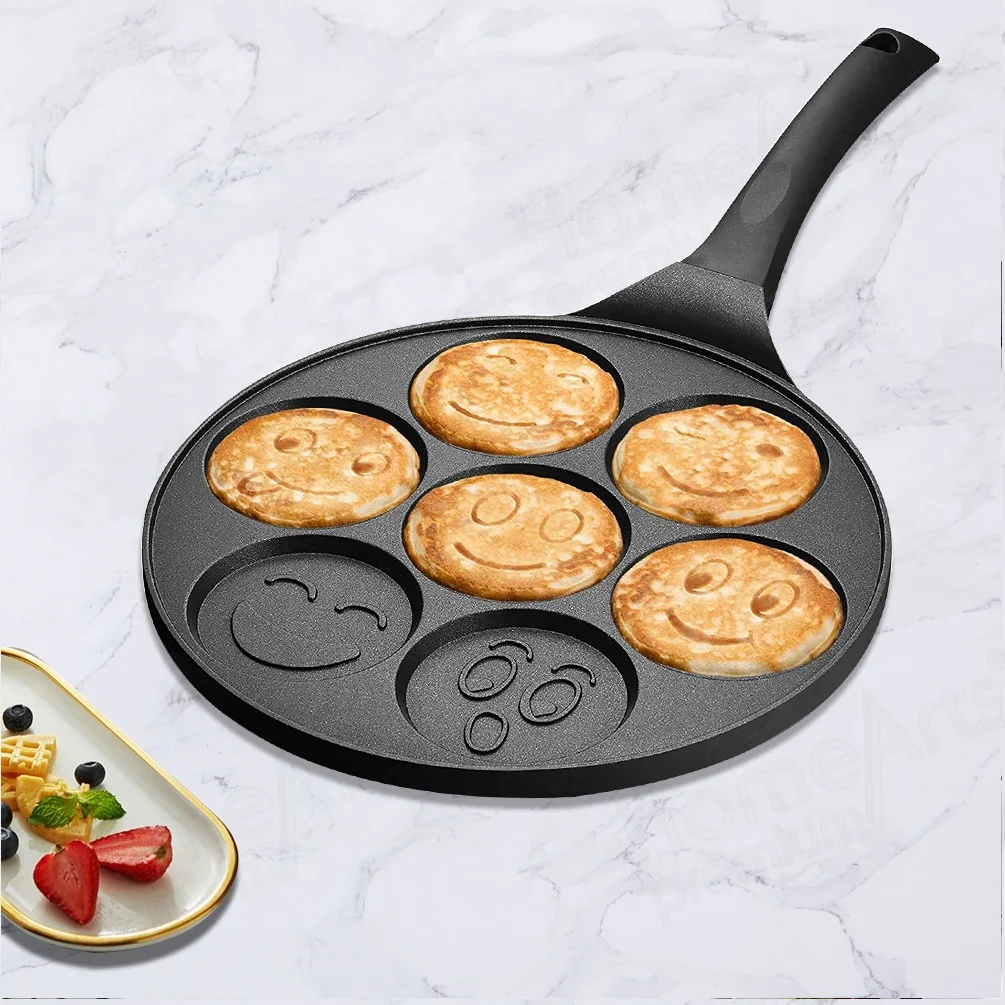 Factory price 26cm kitchen 7 holes Egg cooking non stick frying smiley pancake pan