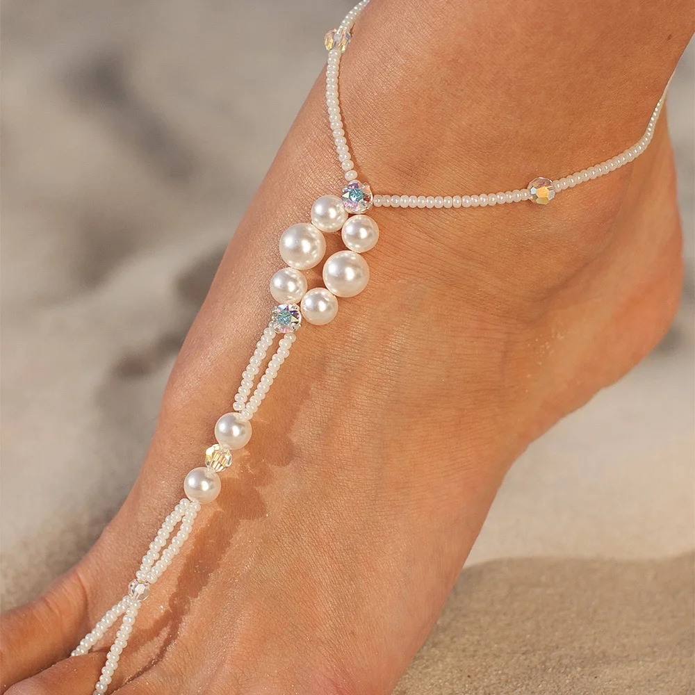  European Style Delicate Wedding Jewelry Colorful Rhinestone Pearl Anklets Toe Ring Sexy Ankle