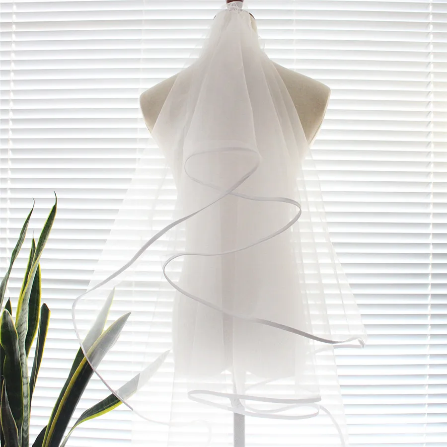 XINMEIJI Elegant Elbow Marriage Bridal Veil Plain Tulle Exquisite Ribbon Edge White Lawn Wedding Party Blusher Bride Veil V660