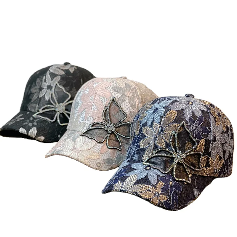 New lace thin sports cap female breathable sunscreen rhinestone butterfly baseball cap custom logo fashion cap.