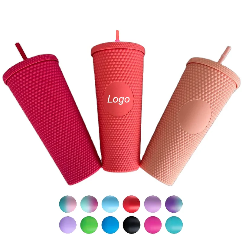 Hot Selling customized 24oz coffee cup Double Wall BPA Free Plastic Cup tumbler cups Studded Tumbler with Straw