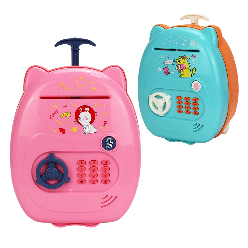 kids piggy bank money saving box rolling wheel trolley case kids play house