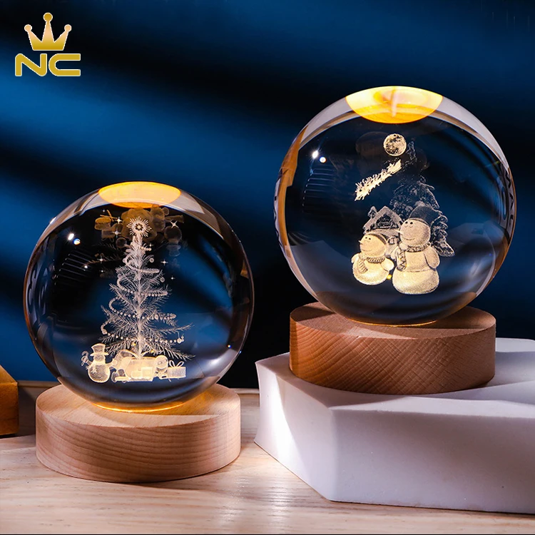 60MM 80MM 3D Laser Engraved Miniature Christmas Tree Crystal Craft Sphere Crystal Ball for Christmas New Year Gifts
