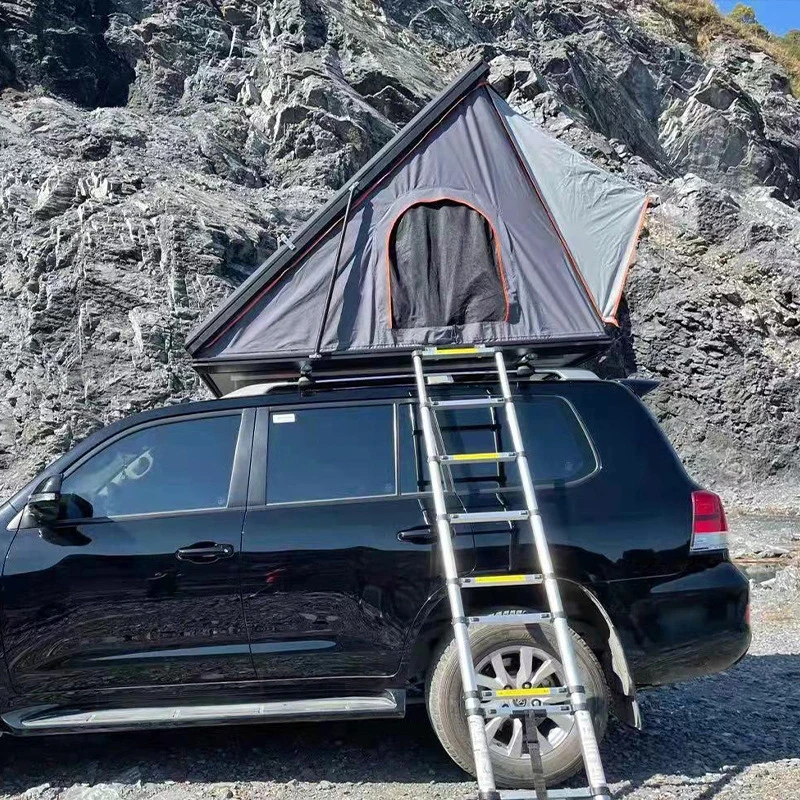 Camping Aluminum 4 Person Top Roof Tent, Triangle Car Rooftop Tent Clamshell Black Gray Hard Shell Roof Top Tent