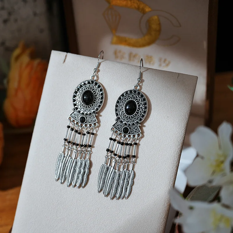 Bohemian Ethnic Purple Water Drop Feather Earrings For Women Elegant Drop Oil Rice Bead Earring Party Wedding Jewelry