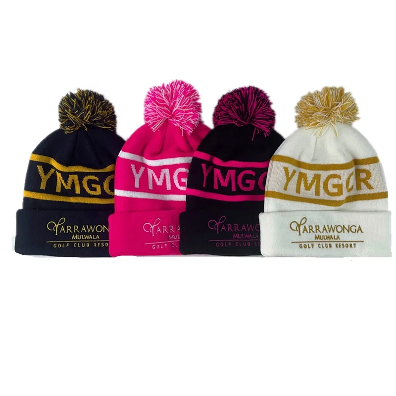 Custom Logo Jacquard Pom Pom Winter Knitted Beanie Hat,Cuffed Beanie Cap With Pom