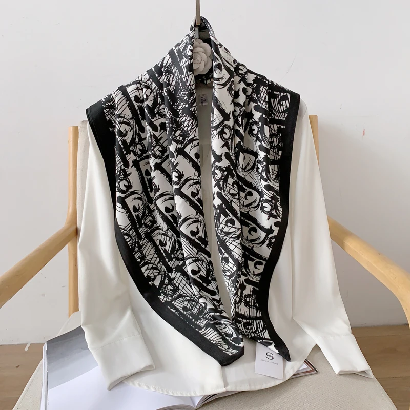 Hot Sale Custom Luxury 90cm Silk Scarf Luxury Brand Designer Hair Scarf Print Head Scarf Large Handkerchief Hijab Shawl