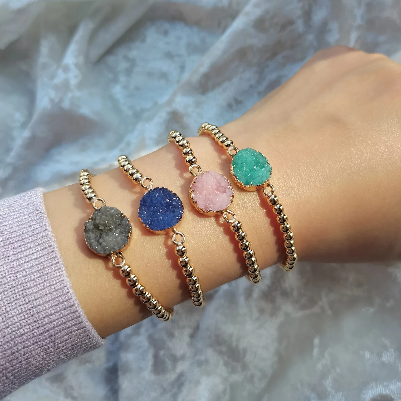 Custom Minimalist Stretch Jewelry For Women Healing Quartz Crystal Natural Druzy 18K Gold Filled Stainless Steel Beaded Bracelet