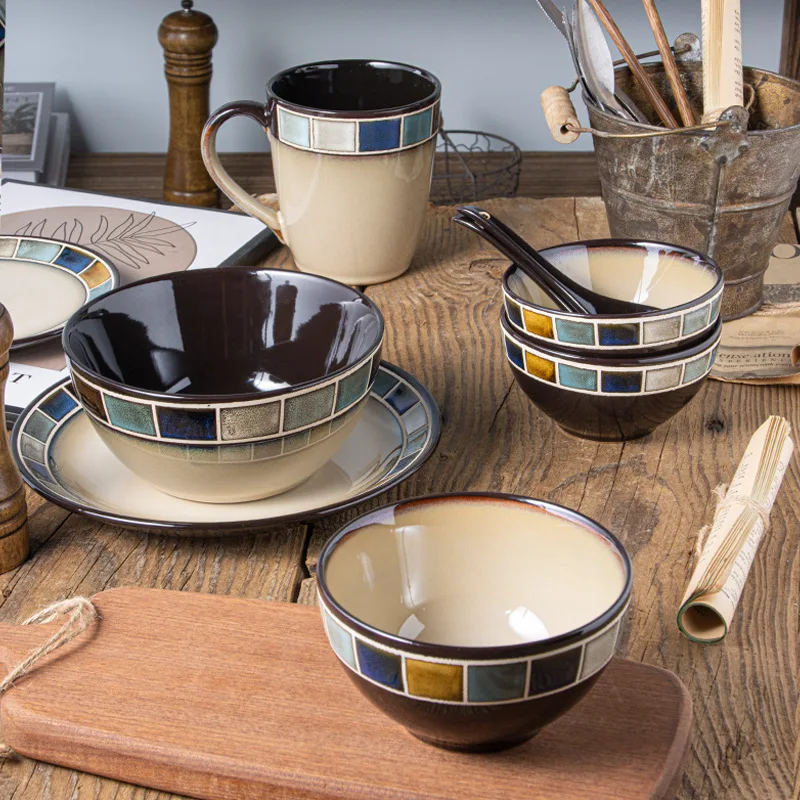 Underglaze blue plaid ceramic tableware set porcelain Hand painted Salad bowl dish Rice bowl steak plate fish