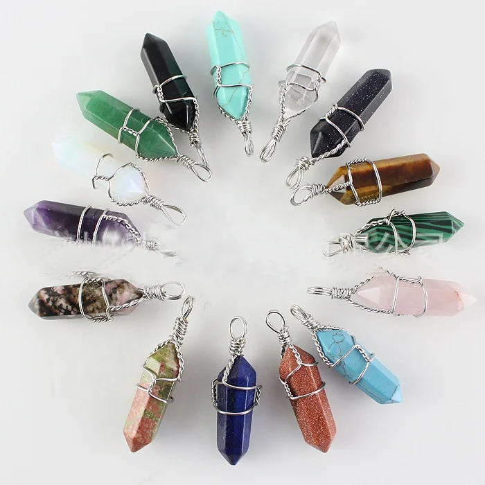 Customized natural spiritual healing crystal stone necklace hexagonal wire wrapped crystal jewelry sterling silver pendant