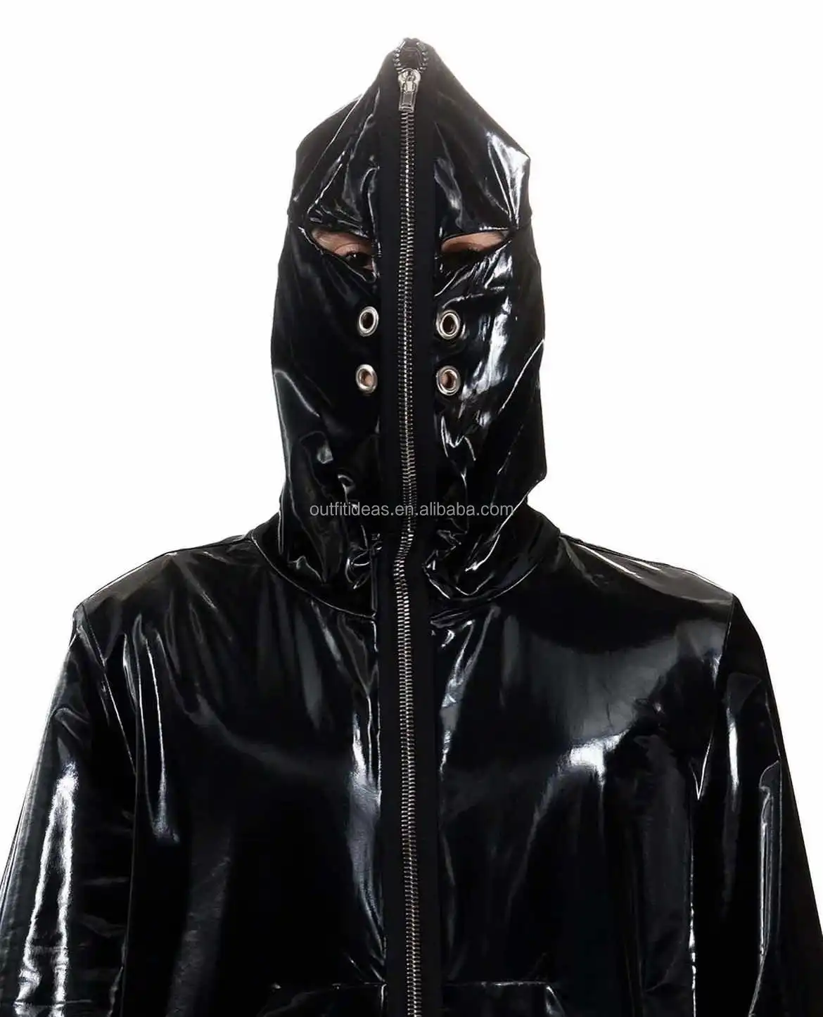 Metal Eyelet Classic Flight Hooded Jacket in Black Egypt Mask Leather Full-zip Eyelets Outerwear For Men Zip Gimp Bomber Jacket