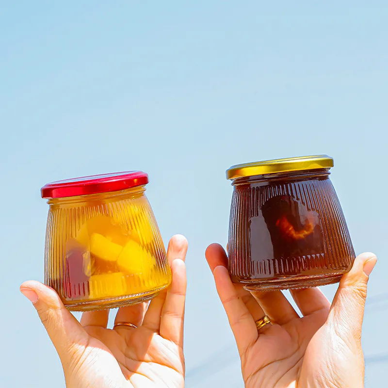 Factory Wholesale Unique Transparent Wide Mouth Empty Food Storage Glass Honey Jam Jar with Metal Lids