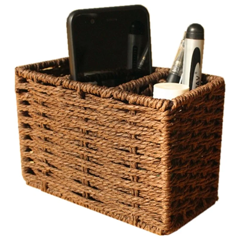 3 Compartments Paper Rope Hand Woven Desk Organizer Storage Basket Cell Phone Remote Control Holder Pen Holder for Office