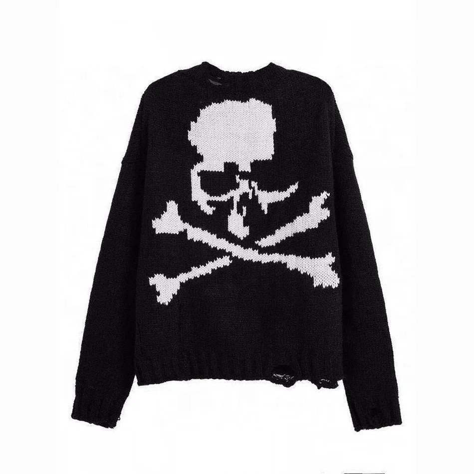 Manufacturer custom jacquard sweater Men knit pullover Long Sleeve distressed knitted skull sweater  for men