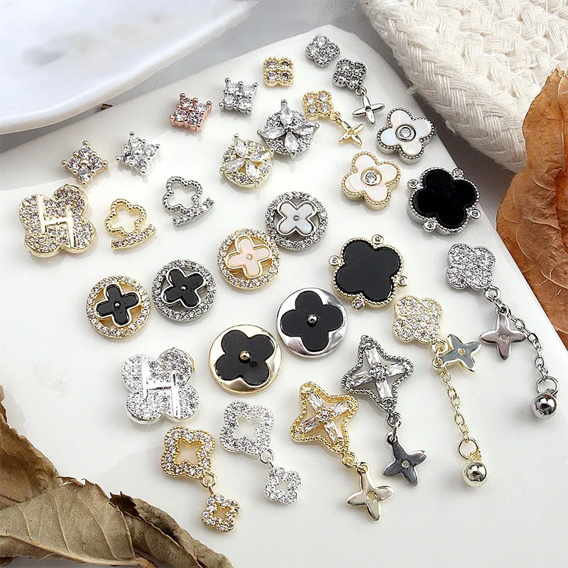 3D Lucky Clover Nail Decals Zircon Rhinestone Luxury Flour Leaf Flower Nail Art Charms
