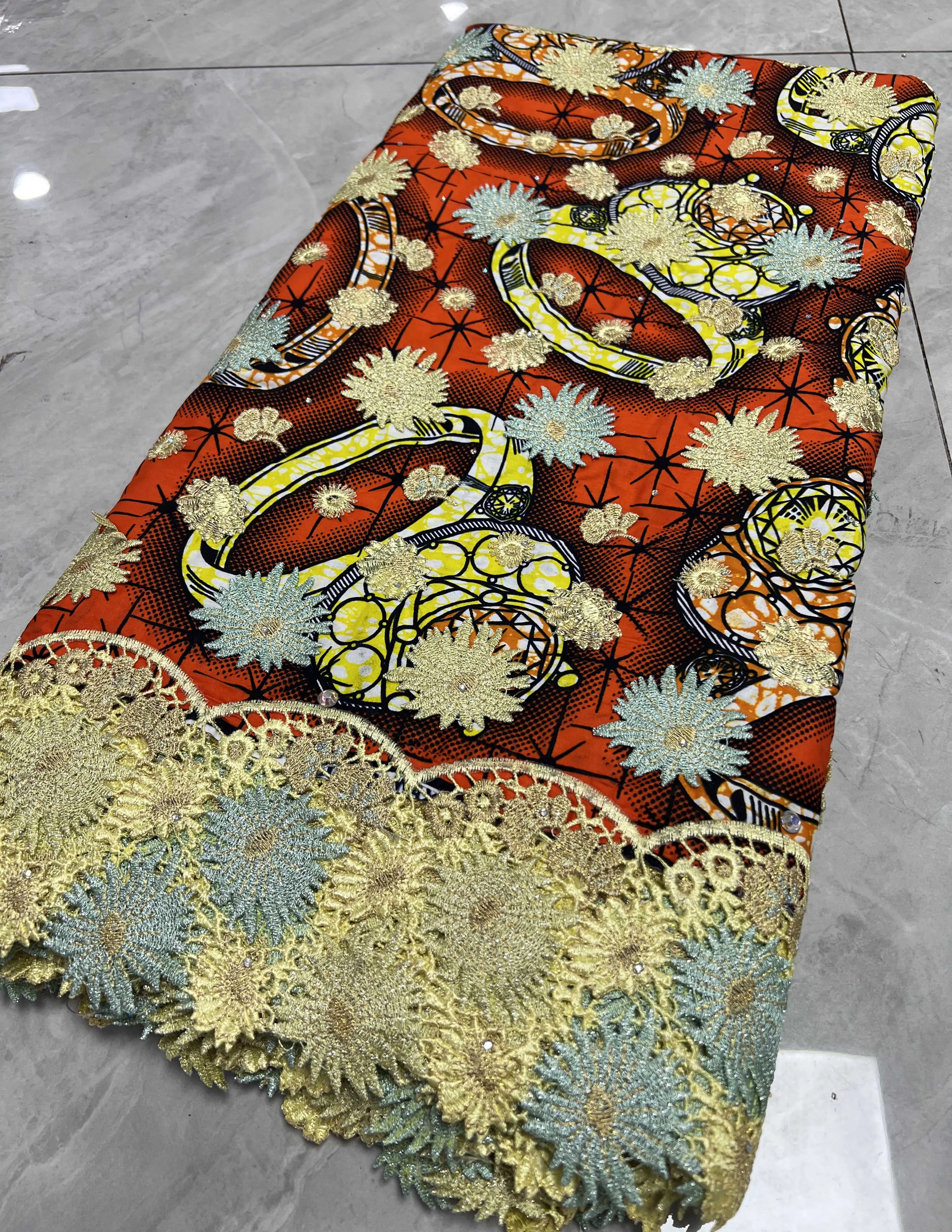 2024 African Wax Lace wax Fabric Embroidery Lace Sewing Sequins Prints Ankara wax Fabric For Wedding Dress 5 yards