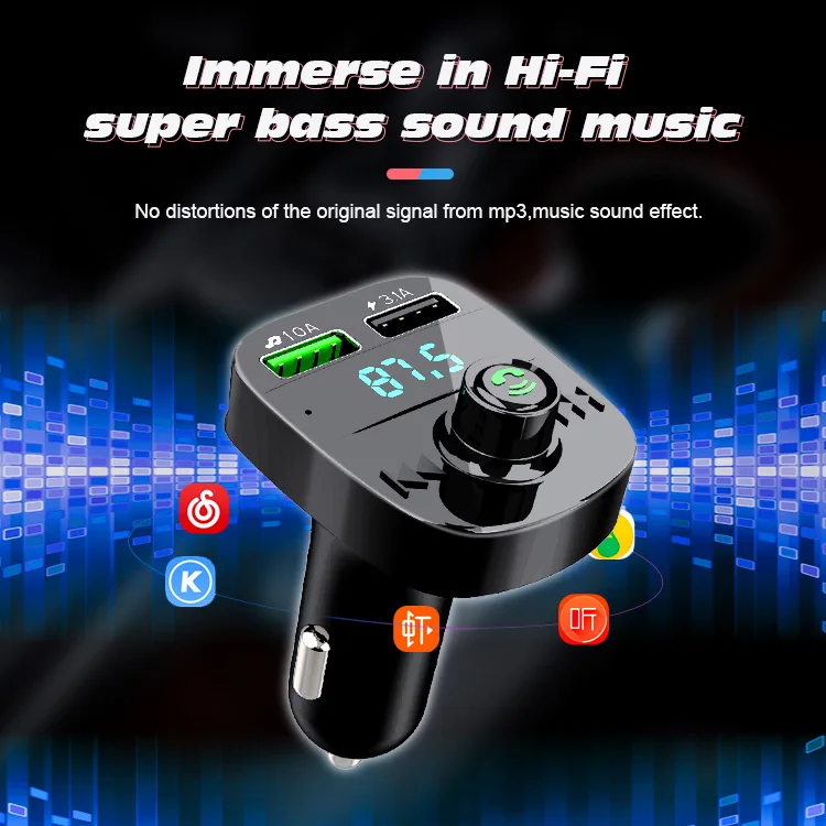 Hand free fast charger car MP3 wireless Car Fm Transfer Mp3 player Dual usb  Car Charger MP3