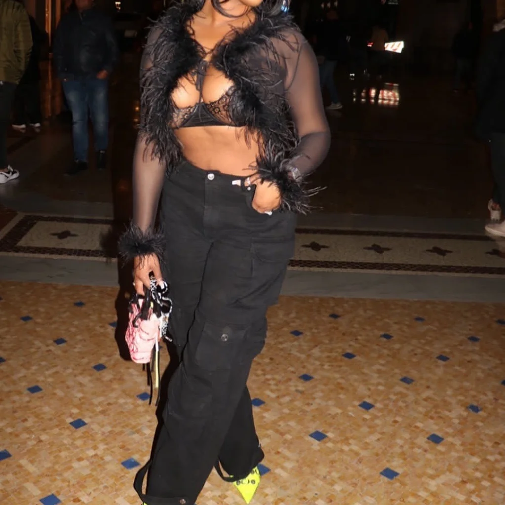 Fall Winter Spring Sexy Streetwear Casual T-Shirt Long Sleeve See Through With Feather Short Women Tops Fashionable Crop Top