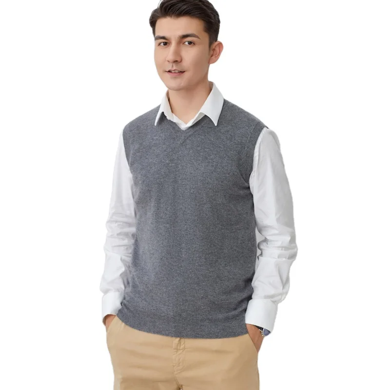 Man Knit Sweater Sleeveless vest 100%Cashmere Sweater GRAY Dark blue Match with shirt V-neck