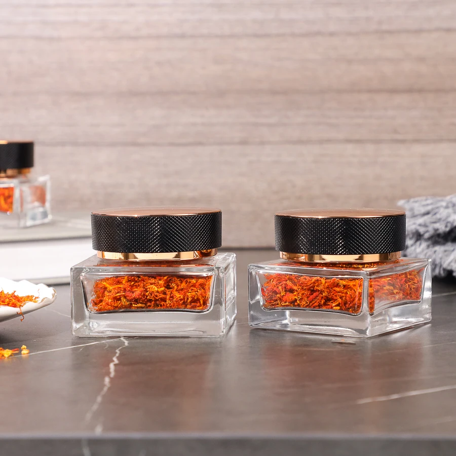Empty Square Mini Glass Saffron Jars Luxury Premium Saffron Storage Container With Gold Lid