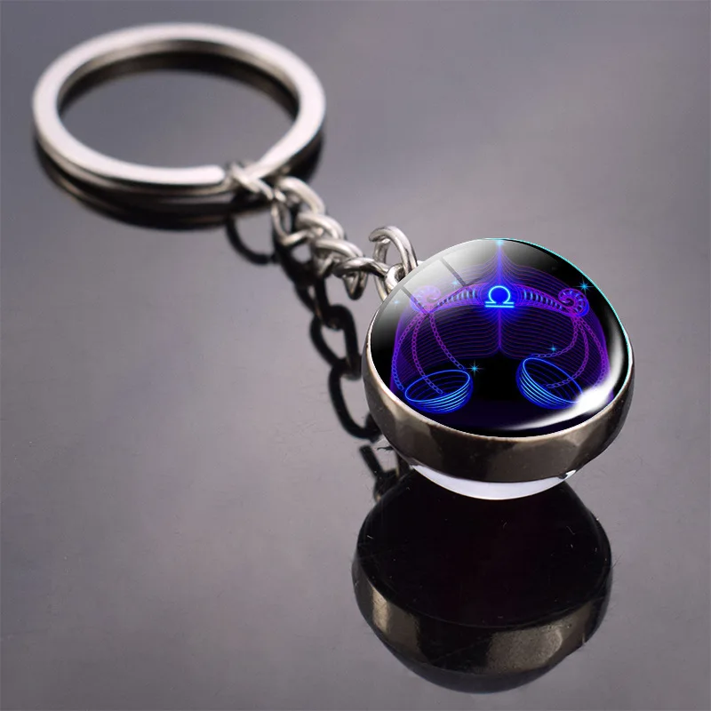 12 Constellation Keychain Luminous Glass Ball Pendant Zodiac Key Rings Keychains