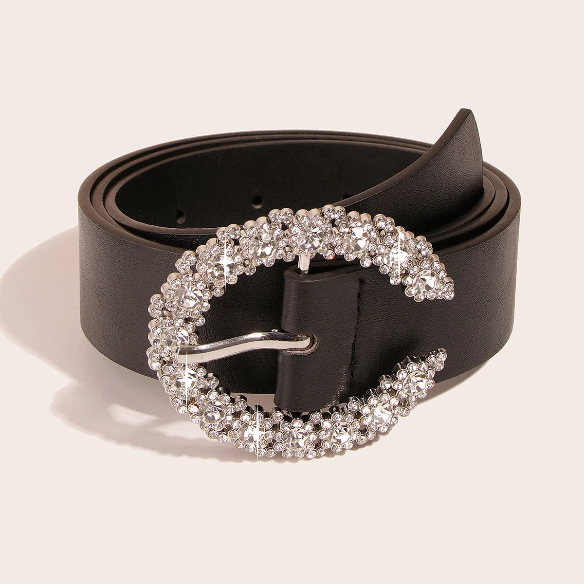 Hot Sale Fashion Stone Diamond Metal Buckle Adjustable Women Pu Leather Belt