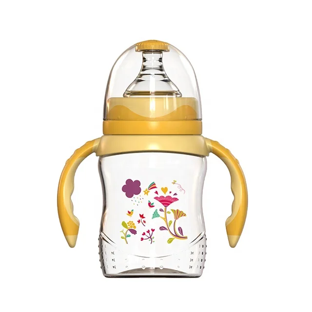 PP baby feeding bottle with handle and silicone nipple wholesale