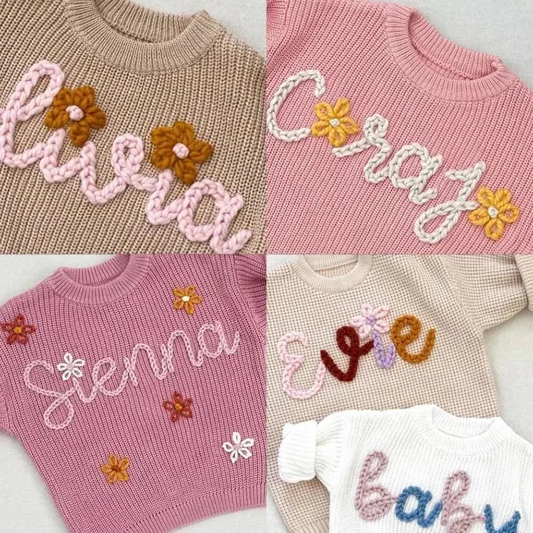 High Quality Low MOQ Custom Name Knitted Chunky Sweater Hand Embroidered Baby Girls Sweaters