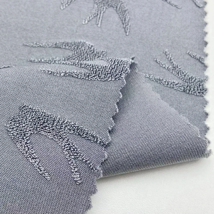 Wholesale 98 polyester 2 spandex knit maple leaf red baby terry 240GSM jacquard towel fabric for clothing