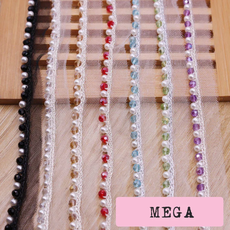 1cm Width Crystal Pearl Lace Trim Beaded Laces Various Colors Ethnic Garment Ribbon Glass Beads Dress Clothes Accessory