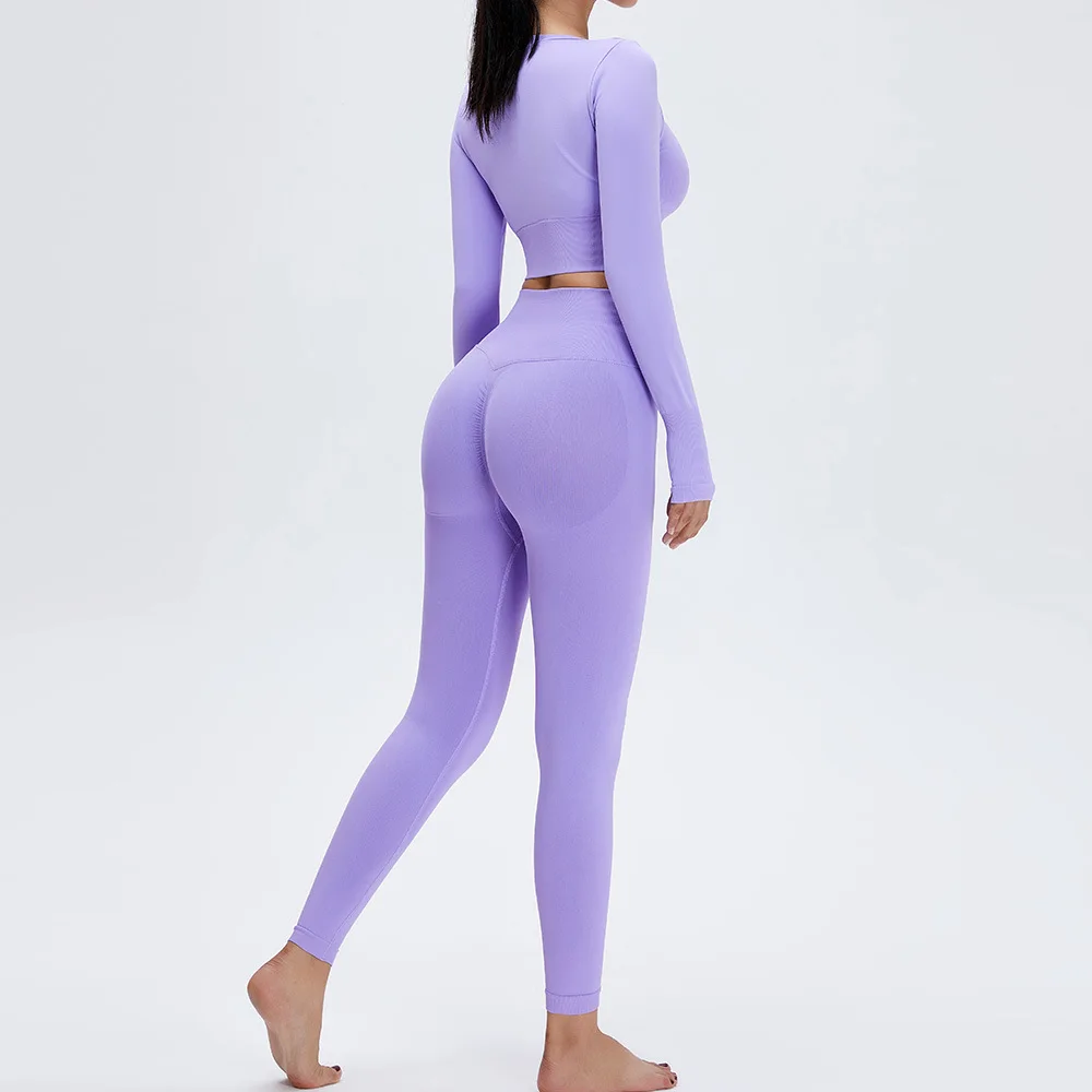 Factory Workout Clothes Womens Gym Wear High Waist Hip Lifting Sports Fitness Pants 2 Piece Set Long Sleeve Solid Color Yoga Set