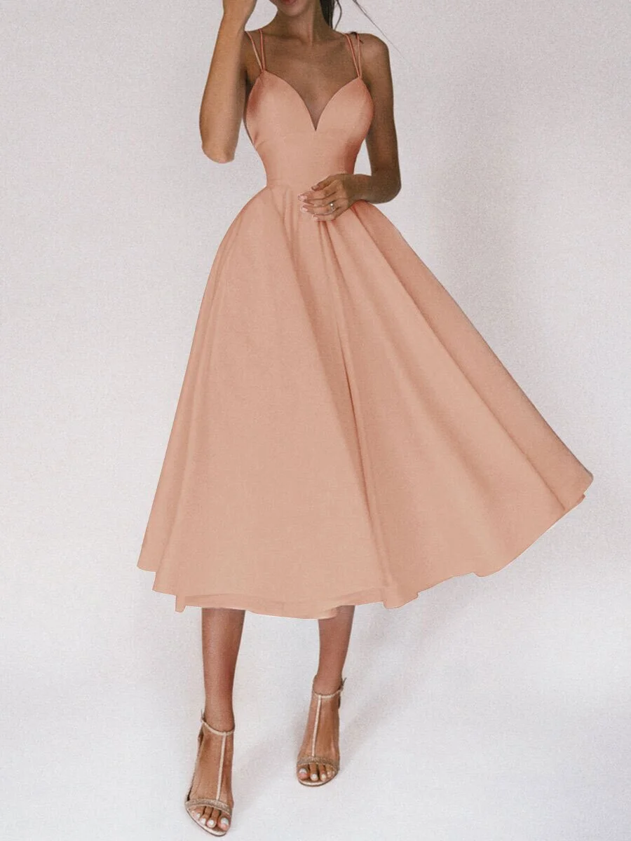 Bridal Gowns Wedding Dress A-line Spaghetti Straps V-neck Backless Tea-Length Red Ball Gown Evening Party Celebrity Dresses