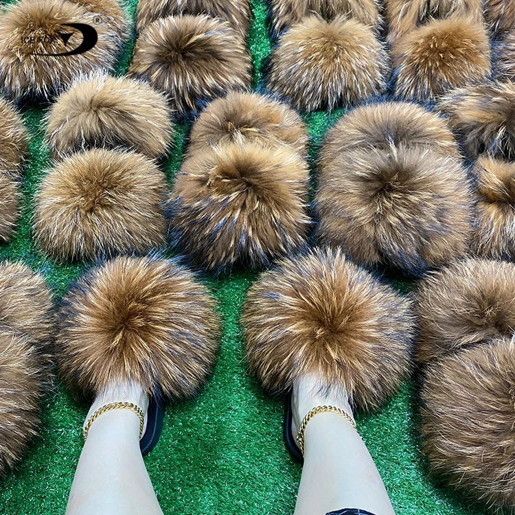 Wholesale Customized Pvc Summer Raccoon Fur Slippers Mink Fur Slippers Real Fox Fur Slides For Women And Toddler Baby Kids