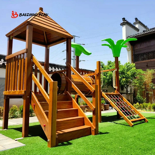 Cheap price playground equipment wooden outdoor wood play set backyard wooden play