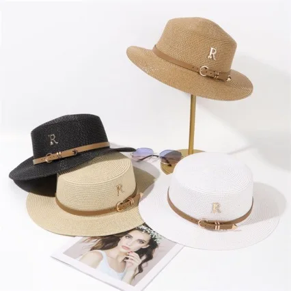 OEM Summer vacation seaside Straw Hat women Outdoor Beach Sunshade Flat Top letter R belt flat-top sun hat With Paper Straw Hats