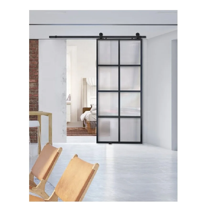 8ft Heavy Duty Barn Door Hardware Internal Double Sliding Doors Entry Doors Matt Black Frame + Clear Glass or Wooden Panel Steel