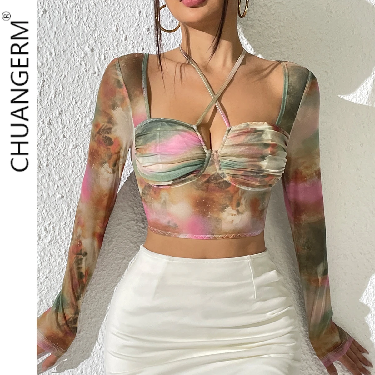 Chuangerm Hot Sale High Quality Mesh Floral Print Long Sleeve corset Pleated Cross Halter Crop woman corset