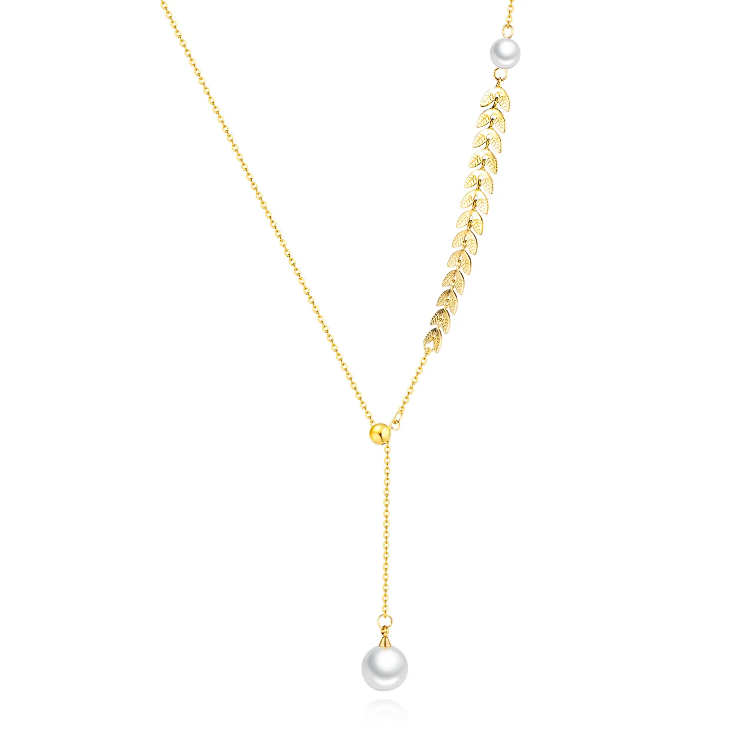 24K gold plated fashion charm female phoenix tail pearl Tassel Necklace stainless steel ear of wheat shape hybrid Necklace