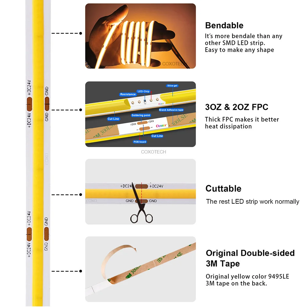COXO CE ROHS High efficiency COB led strip 5 years warranty Ra95 2000lm high Brightness COB led strip light