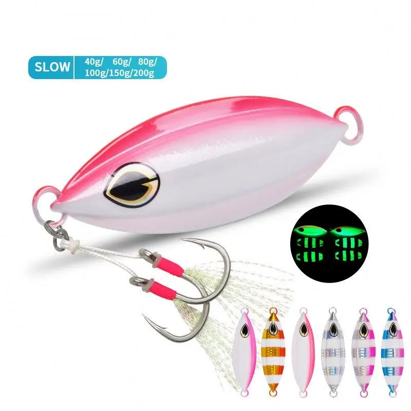 Оптовая продажа 6 размеров 40-200 г 80-140 мм светящаяся медленно Тонущая железная пластина свинцовая рыба подвесной двойной крючок приманка для джиггинга