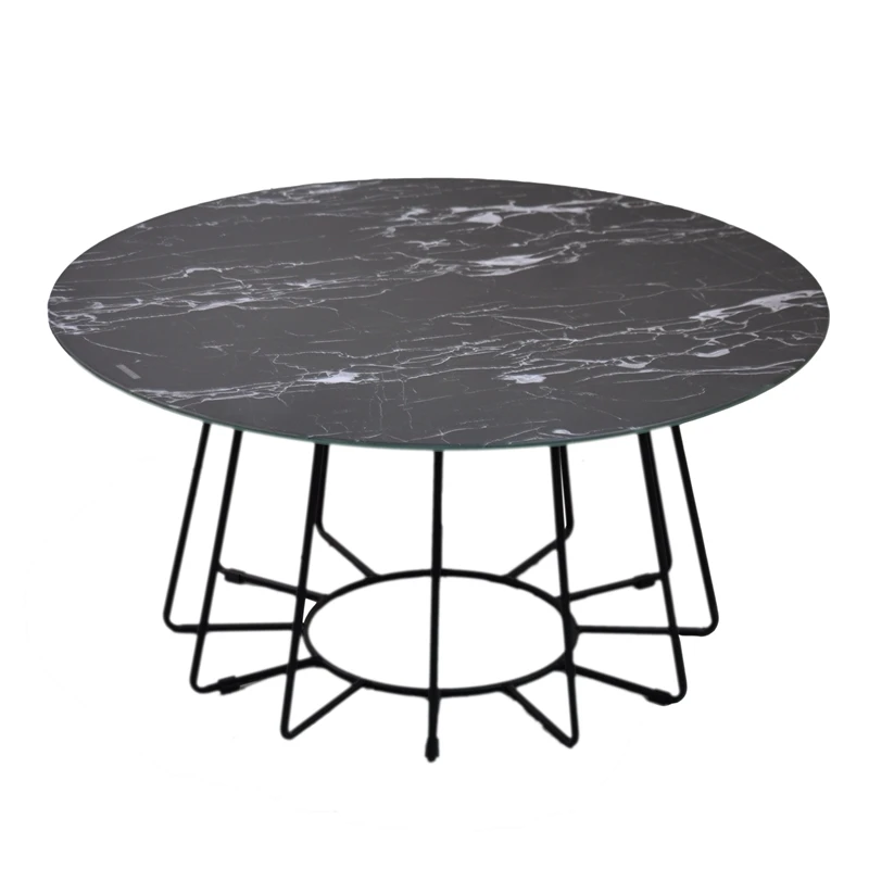 Italian Design Round Marble Glass Living Room Coffee Table With Black Legs