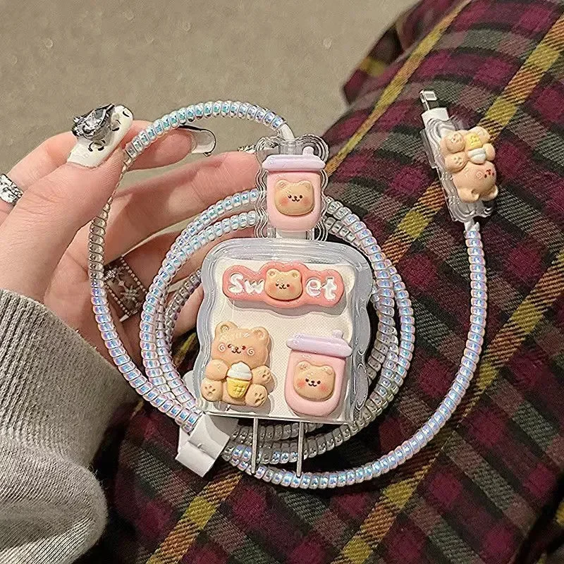 Korea Cute Bear Bread Transparent Charger Cover For IPhone 11 12 13 14 15 18W-20W Charge Protection Cover Soft Charger Sleeve