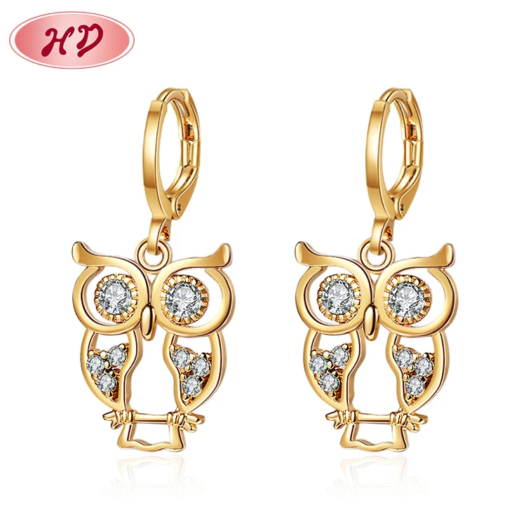 Amazon Fashion Cute Gold Owl Dangle Earrings 18k Gold Drop Earrings Wholesale New Design Allergy Free 3A Cubic Zirconia
