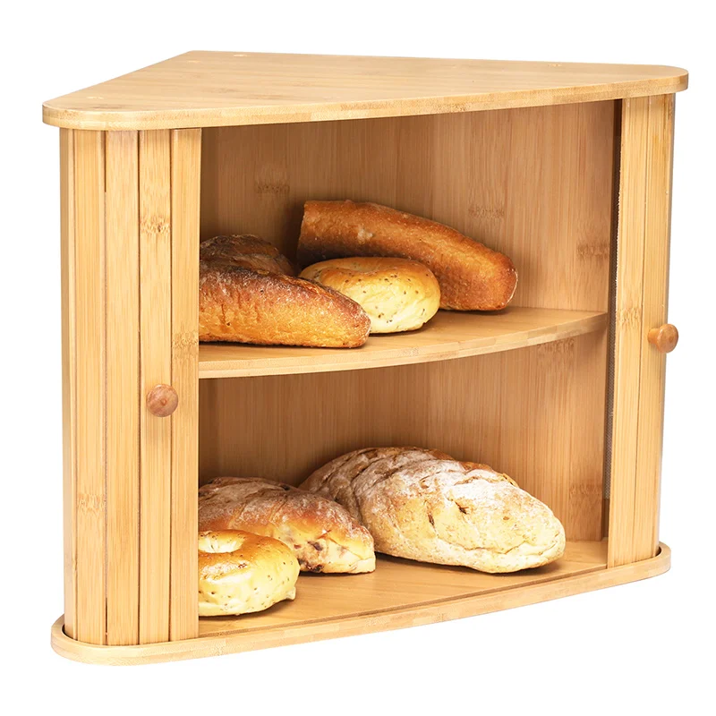 Bamboo Corner Bread Box Double Layers with Sliding Pocket Doors