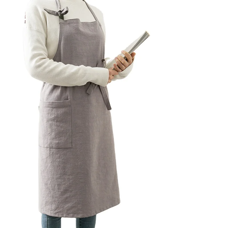 Logo Custom Cotton and Linen Wholesale Ladies Cross Back Nordic Aprons Coffee Shop with Pockets